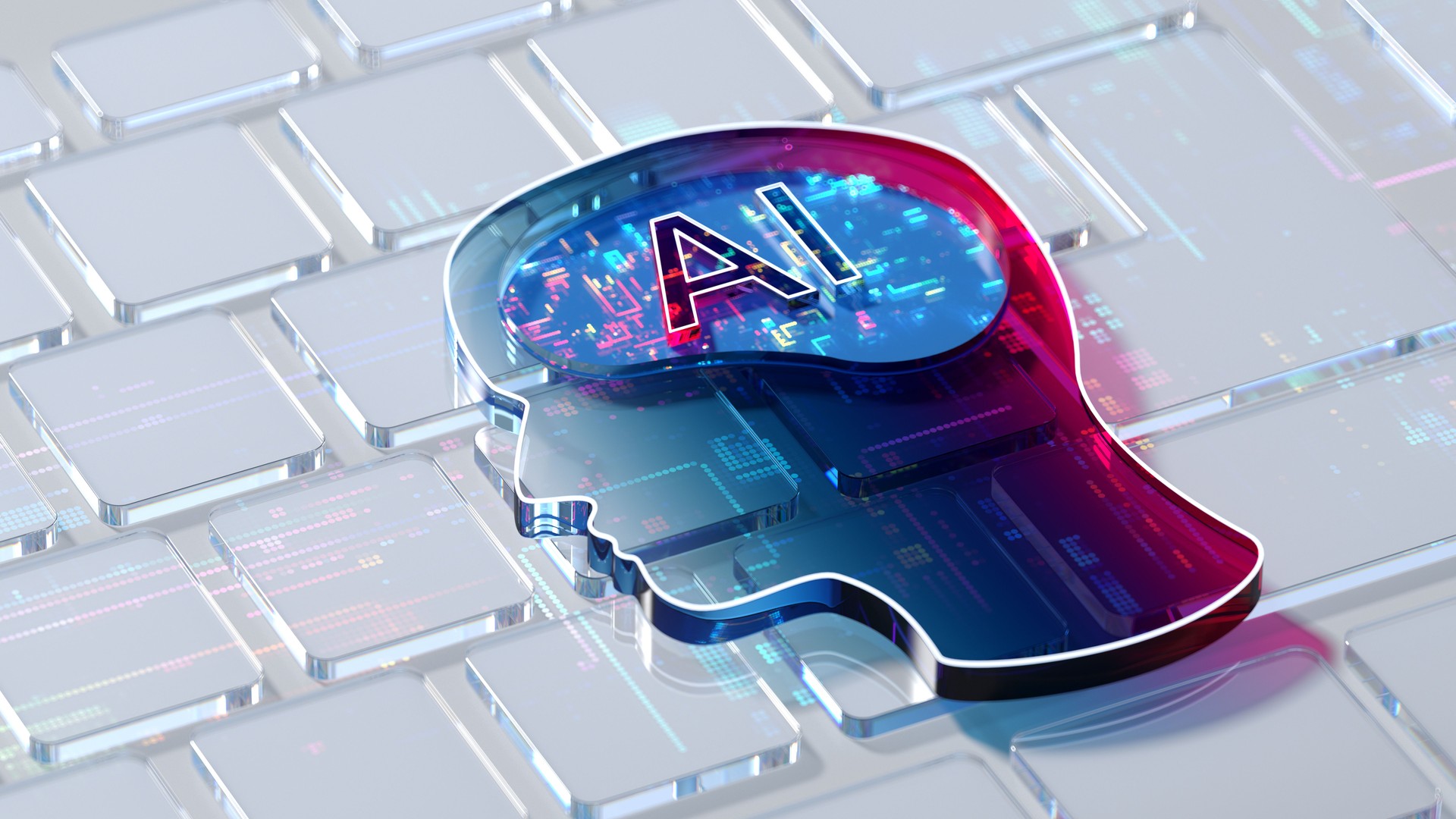 Artificial Intelligence - innovations and new technology. AI text on digital head and keyboard